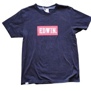 EDWIN Graphic Logo T Shirt Small Black Basic Print Short Sleeve Tee
